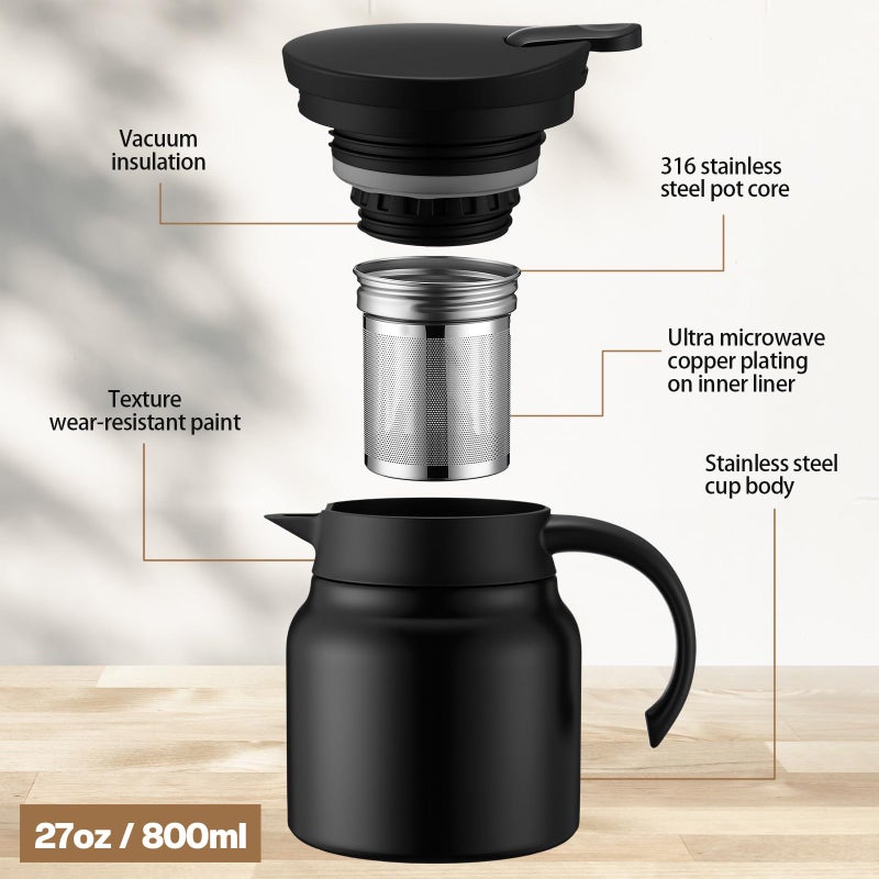Ziliny 3 Pcs Thermal Coffee Carafes for Keeping Hot/cold Stainless Steel Small Coffee Creamer Container Double Wall Vacuum Insulated Tea Pot Milk Beverage Dispenser for Party Home (27 oz,Black) - Image 2