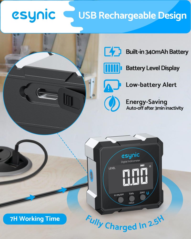 eSynic Digital Level Box - 4-Side Magnetic Digital Angle Gauge with 0.05° High Precision & Large LCD Display- Rechargeable IP54 Waterproof Inclinometer, Aluminum Frame for Woodworking/Construction - Image 4