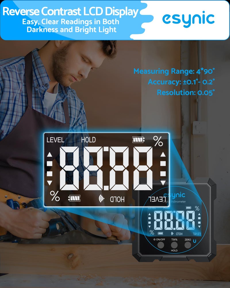 eSynic Digital Level Box - 4-Side Magnetic Digital Angle Gauge with 0.05° High Precision & Large LCD Display- Rechargeable IP54 Waterproof Inclinometer, Aluminum Frame for Woodworking/Construction - Image 2