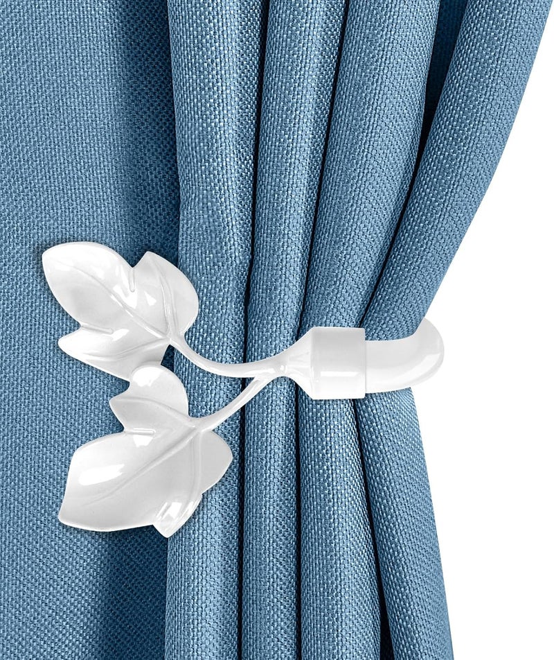 HIKMLK Piano White Leaf Curtain Tiebacks - Piano-Lacquer Aluminum Holdbacks & Side Holders, Botanical Wall Pull Backs for Classical Drapes Home Decor - Image 1