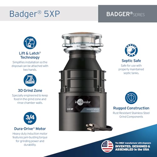 InSinkErator Badger 5XP Garbage Disposal with Power Cord, Standard Series 3/4 HP Continuous Feed Food Waste Disposer, Badger 5XP W/C - Image 2