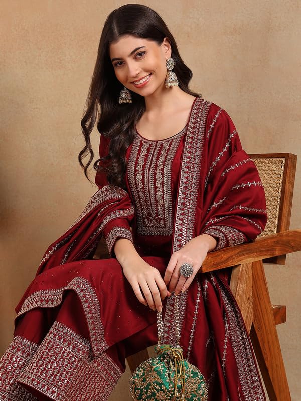 Vaamsi Women's Silk Blend Embroidered Kurta Palazzos With Dupatta With Cotton Inner (PKSKD1860_XL_Maroon) - Image 3