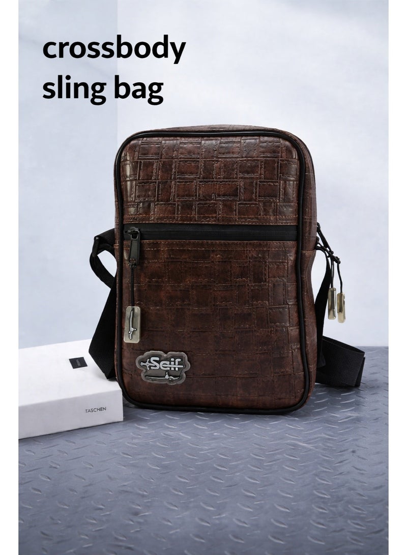 مجموعة سيف حقيبة كتف كروس بودي فاخرة من الجلد الصناعي، حقيبة رسول جلدية للرجال والنساء، حقيبة كتف كاجوال، خفيفة الوزن ومقاومة للماء للسفر والمشي – بني - Image 1