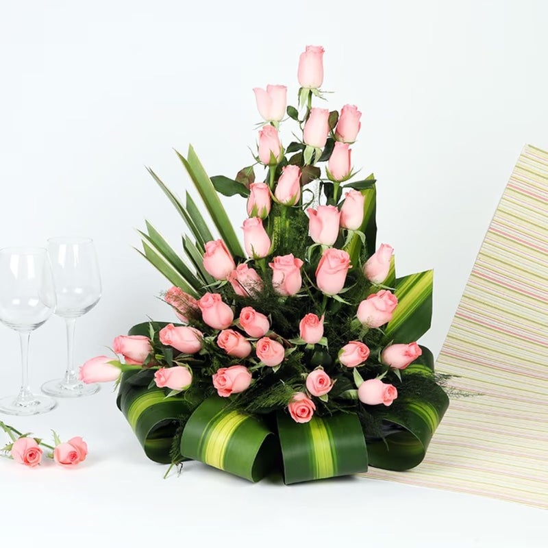 FlowerAura Fresh Live Flower Bouquet of 30 Pink Rose Flowers In Kashmiri Basket For Birthday Gift Anniversary Gift Wedding Gift Congratulations Gift Gift For Special Occasions Same Day Delivery - Image 1