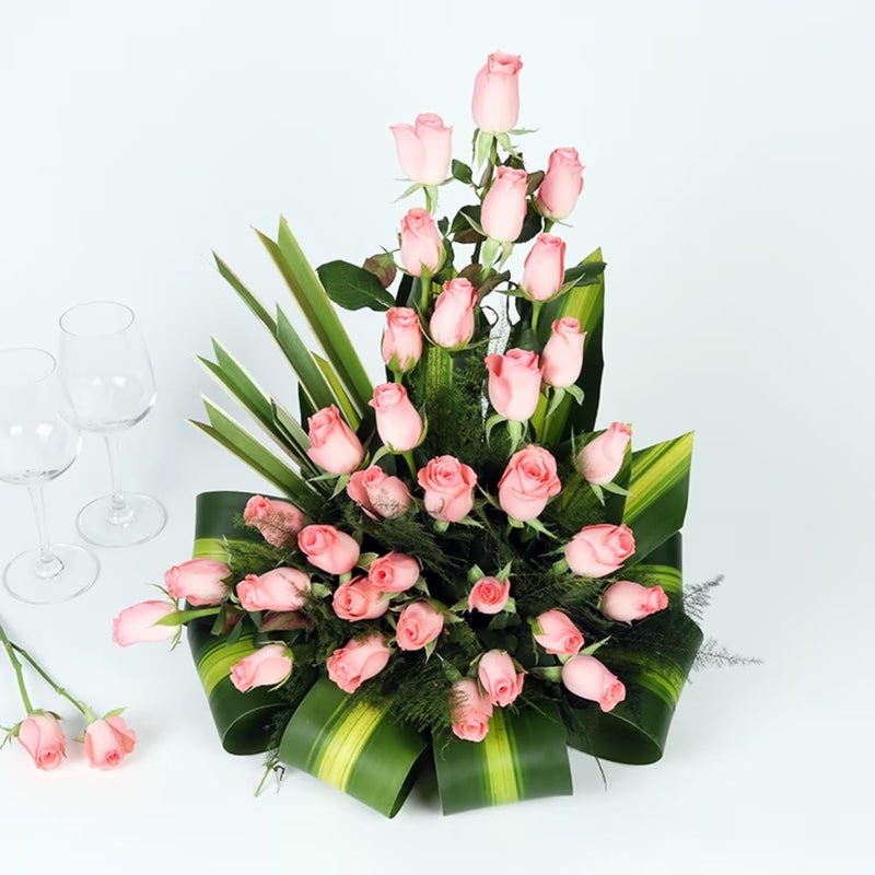 FlowerAura Fresh Live Flower Bouquet of 30 Pink Rose Flowers In Kashmiri Basket For Birthday Gift Anniversary Gift Wedding Gift Congratulations Gift Gift For Special Occasions Same Day Delivery - Image 2