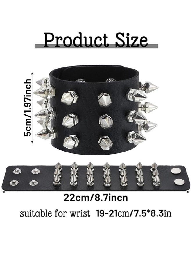 2Pcs Punk Studded Bracelet Rivets Bracelet, Pirate Rock Punk Biker Wide Strap Leather Bracelet for Mens Womens Rock Vintage Gothic Style Adult - Image 2