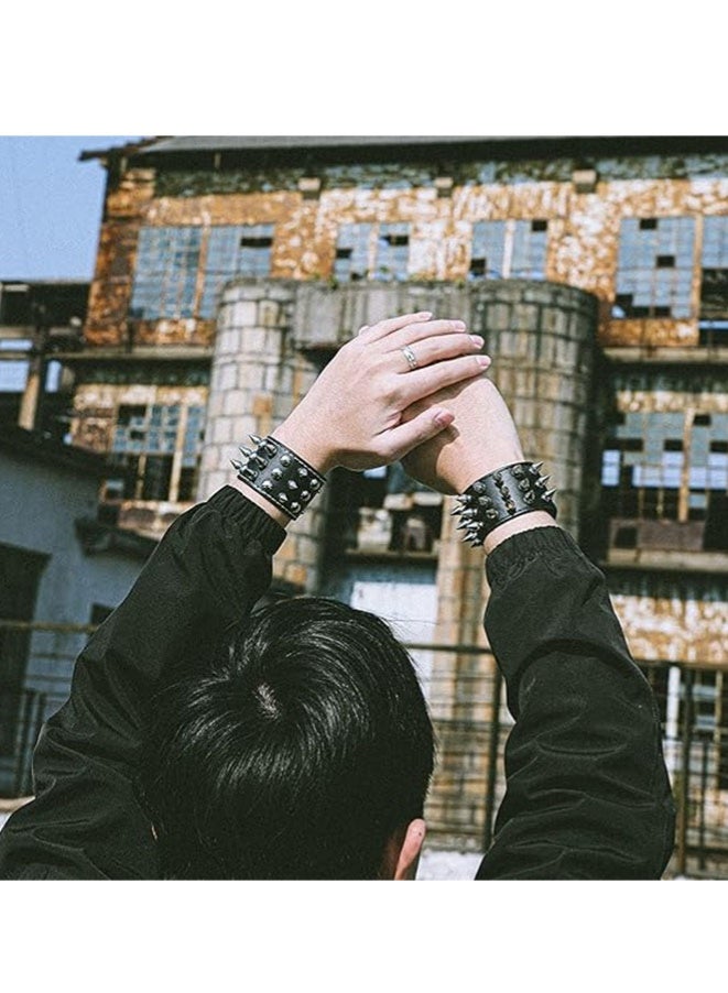 2Pcs Punk Studded Bracelet Rivets Bracelet, Pirate Rock Punk Biker Wide Strap Leather Bracelet for Mens Womens Rock Vintage Gothic Style Adult - Image 3