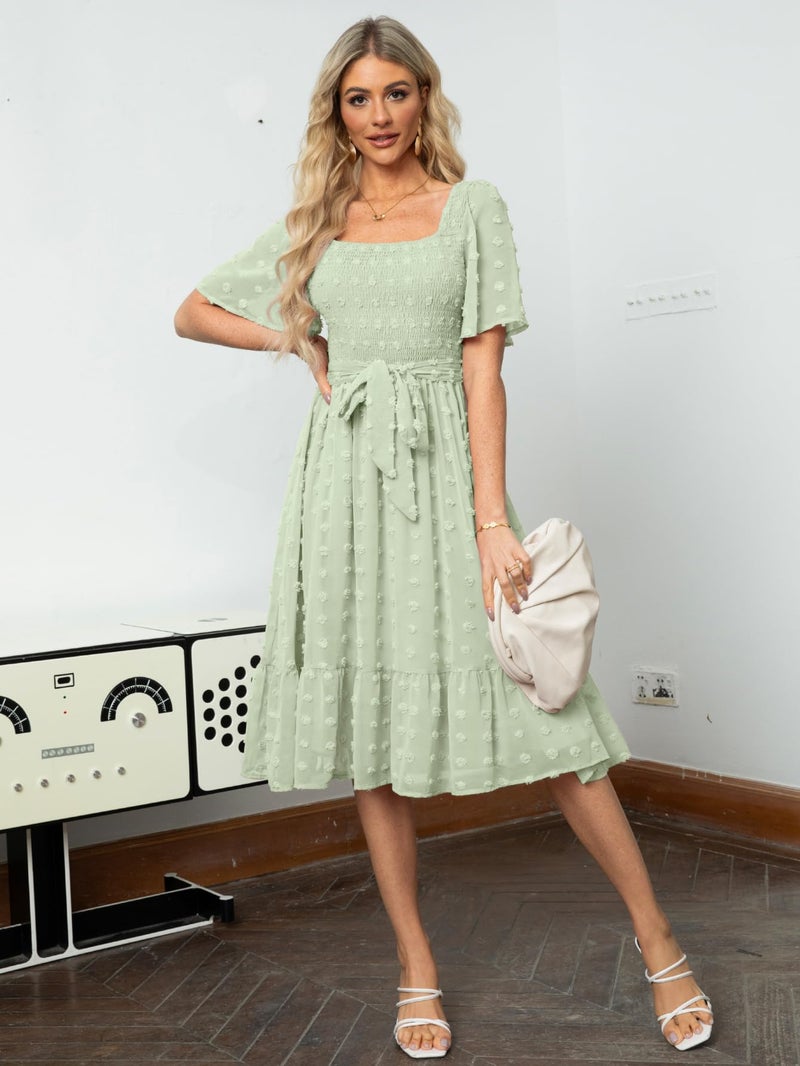 Amegoya Women's Midi Beach Wedding Guest Dress Square Neck Short Sleeve Summer Boho Maternity Dress for Photoshoot (Light Green XL) - Image 2