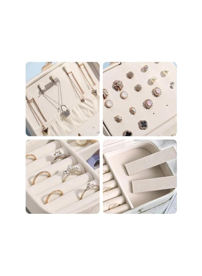 The Bros Small Jewelry Box For Women Travel Jewelry Organizer Double Layer for Necklace Earring Rings Jewelry (Off white, 16.5 * 11.5 * 5.5CM) - Image 4