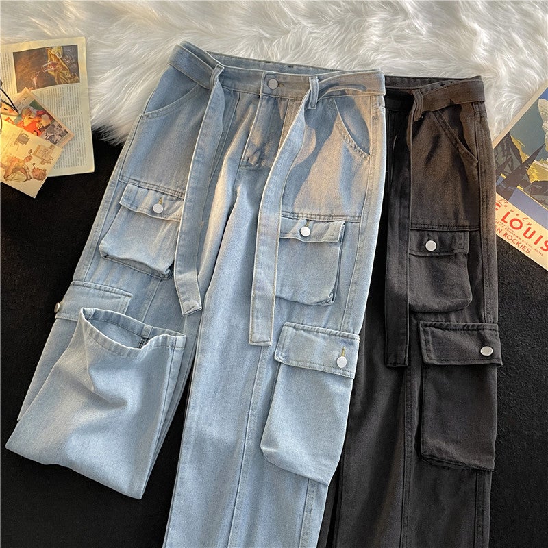 Trendy Multi-Pocket Jeans Mens Trendy Brand ins Hong Kong Style Work Pants Autumn and Winter High Street Loose Wide-Leg Pants Blue - Image 3