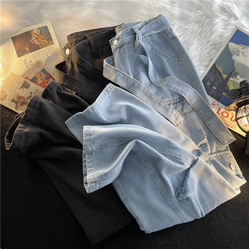 Trendy Multi-Pocket Jeans Mens Trendy Brand ins Hong Kong Style Work Pants Autumn and Winter High Street Loose Wide-Leg Pants Blue - Image 4