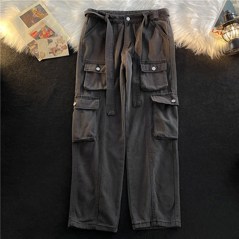 Trendy Multi-Pocket Jeans Mens Trendy Brand ins Hong Kong Style Work Pants Autumn and Winter High Street Loose Wide-Leg Pants Blue - Image 2