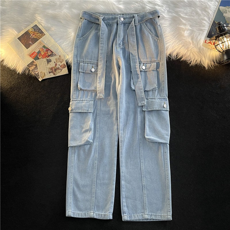 Trendy Multi-Pocket Jeans Mens Trendy Brand ins Hong Kong Style Work Pants Autumn and Winter High Street Loose Wide-Leg Pants Blue - Image 1