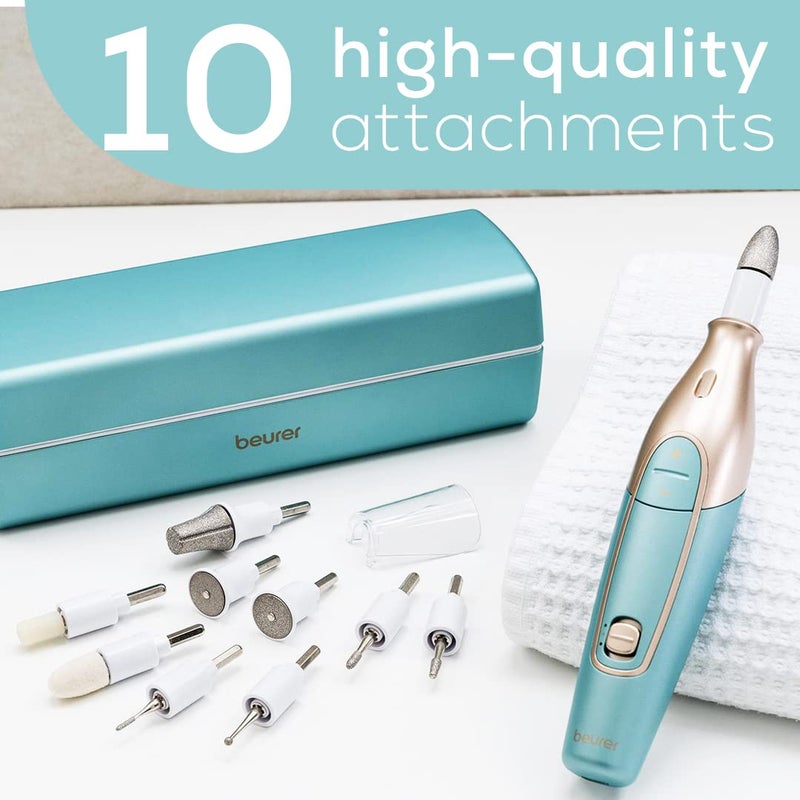 Beurer MP84 Professional Manicure & Pedicure Nail Drill Kit, 14-Piece Cordless Electric Nail File with 10 Attachments, LED Light, Adjustable Speed, Charging Storage Case - Image 3