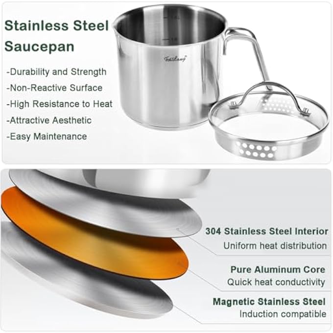Unity Stainless Steel Saucepan With Glass Lid 14Cm Milk Pot 15 Quart Stock Pot 6 Cups Burner Pot With Pour Spouts Perfect For Milk Sauces Pasta And Noodles - Image 5