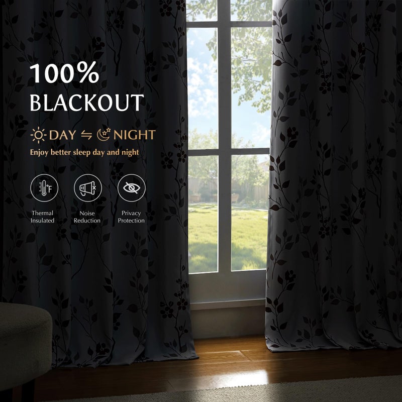 Beauoop Floral 100% Blackout Curtains 84 Inches Long 2 Panels for Bedroom Living Room Tan Brown and White Flower Patterned Room Darkening Thermal Soundproof Rod Pocket Back Tab Window Drapes, 52X84 - Image 2