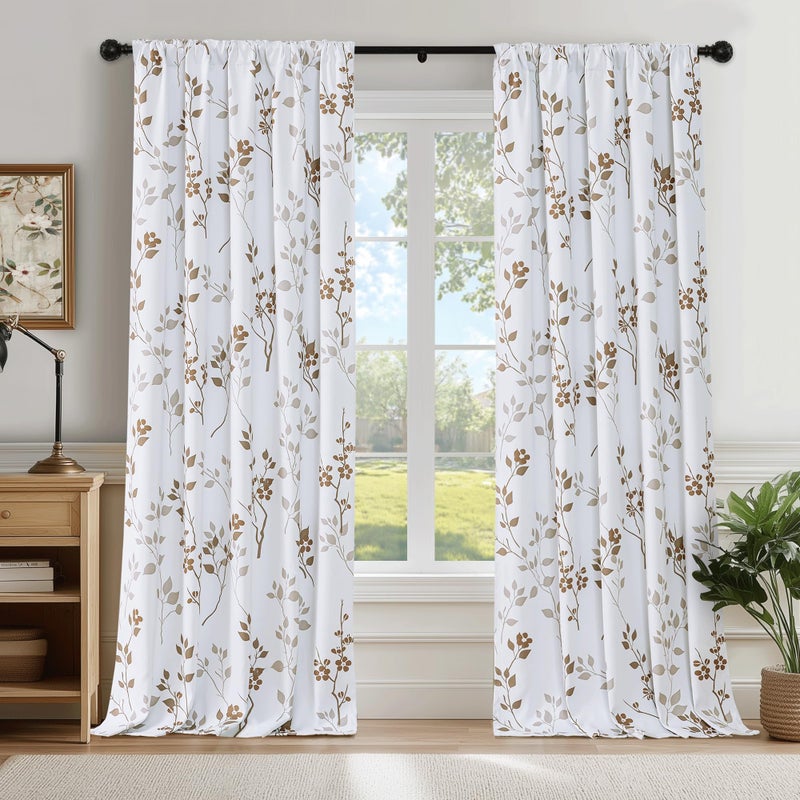 Beauoop Floral 100% Blackout Curtains 84 Inches Long 2 Panels for Bedroom Living Room Tan Brown and White Flower Patterned Room Darkening Thermal Soundproof Rod Pocket Back Tab Window Drapes, 52X84 - Image 1