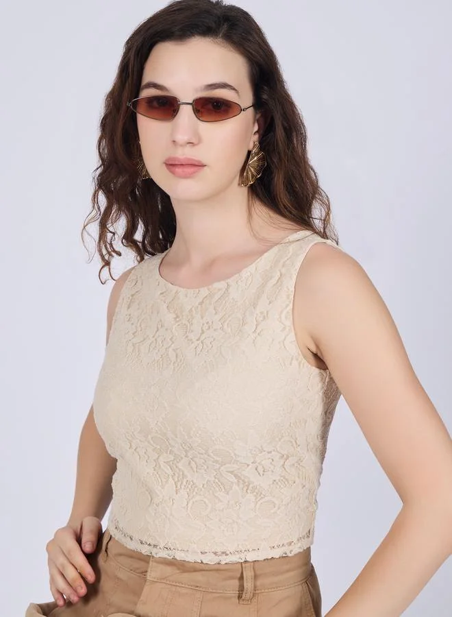 Outzidr  Beige Fitted Lace Top for Women | Best Price UAE