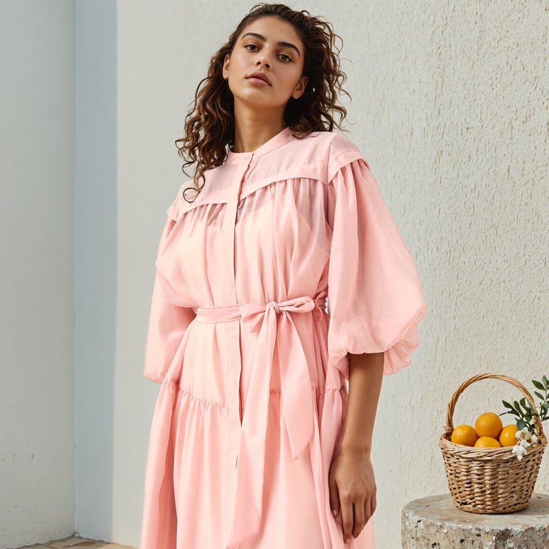 تواكستريمز فستان ميدي بطبقات شفافة بياقة ماندراين - Image 4