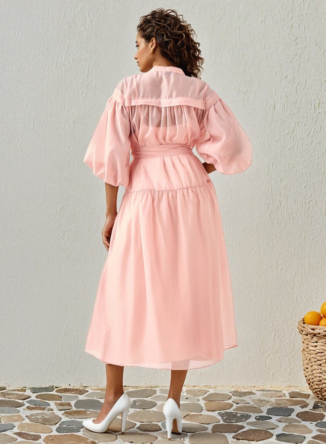 تواكستريمز فستان ميدي بطبقات شفافة بياقة ماندراين - Image 3