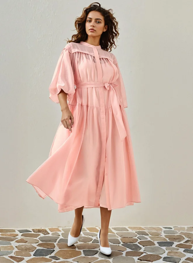 2Xtremz 2Xtremz Sheer Tiered Midi Dress with Mandarin Collar