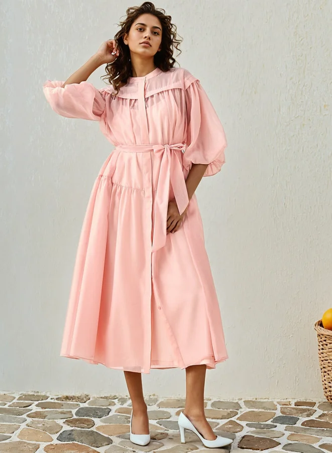 2Xtremz 2Xtremz Sheer Tiered Midi Dress with Mandarin Collar