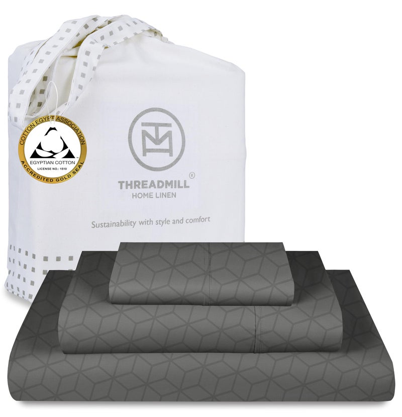 Threadmill Egyptian Cotton Twin XL Sheet Set  100 Certified Egyptian Cotton Sheets for Twin XL Size Bed  Damask Jacquard Twin XL Bed Sheets Deep Pocket  Soft 3 Pc Cooling Sheet Set  Dark Grey