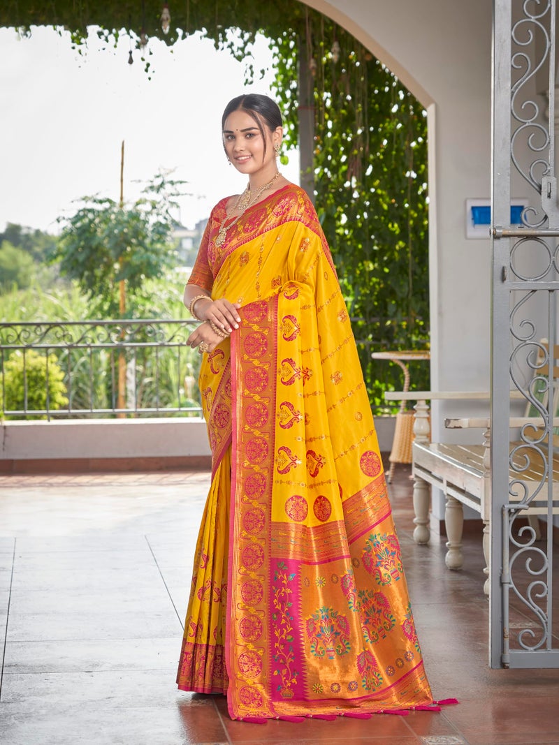 MANOHARI Women's Most Trendy Banarasi Woven Yellow with Pink Saree With Heavy Jacquard Work Saree With Blouse Piece - Image 3