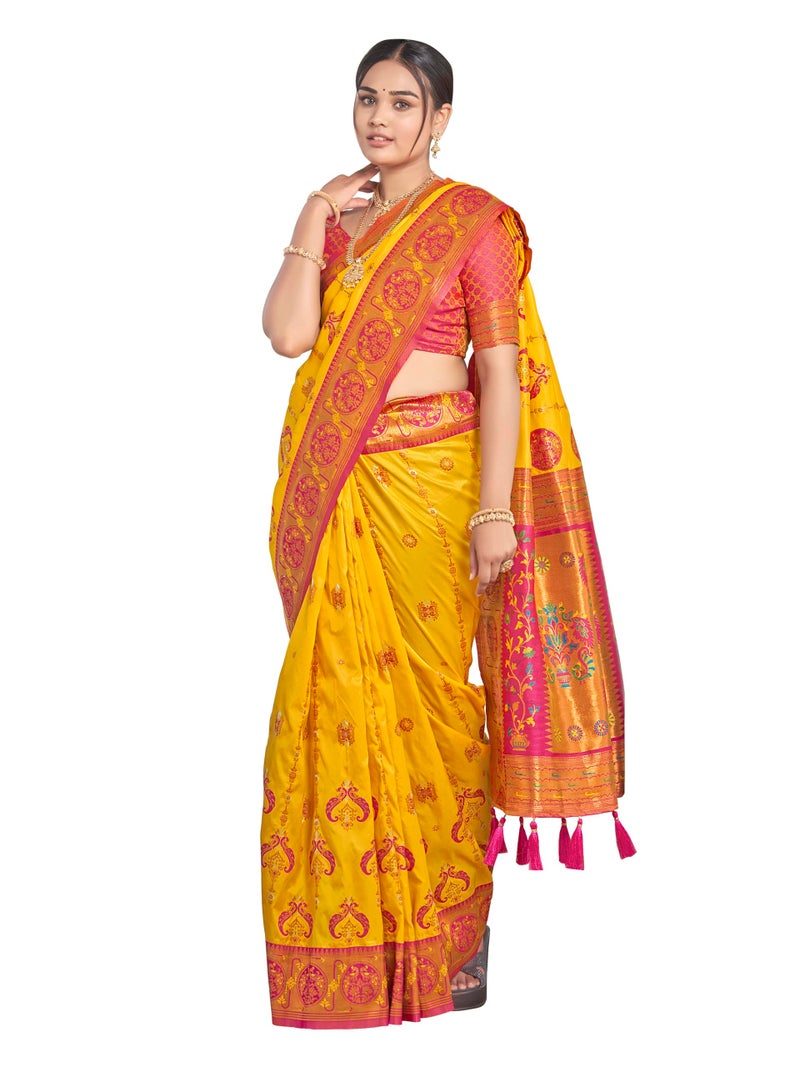 MANOHARI Women's Most Trendy Banarasi Woven Yellow with Pink Saree With Heavy Jacquard Work Saree With Blouse Piece - Image 1