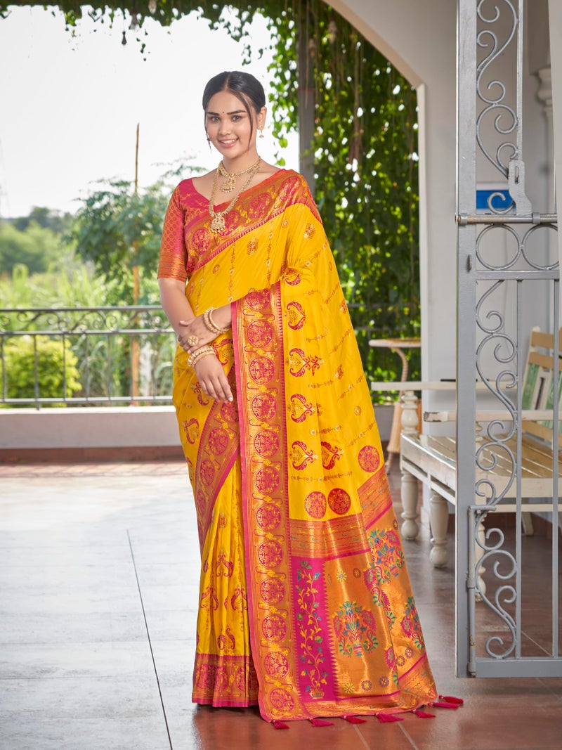 MANOHARI Women's Most Trendy Banarasi Woven Yellow with Pink Saree With Heavy Jacquard Work Saree With Blouse Piece - Image 2