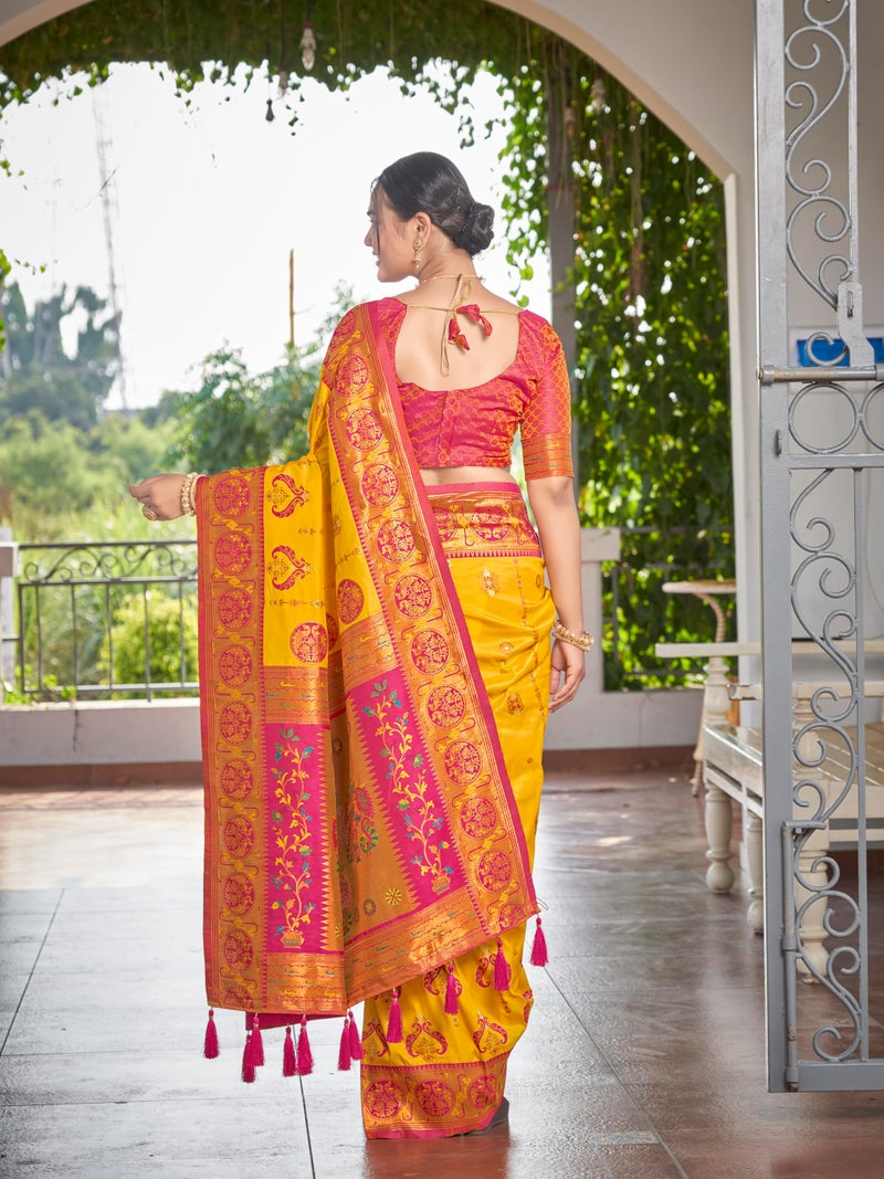 MANOHARI Women's Most Trendy Banarasi Woven Yellow with Pink Saree With Heavy Jacquard Work Saree With Blouse Piece - Image 4