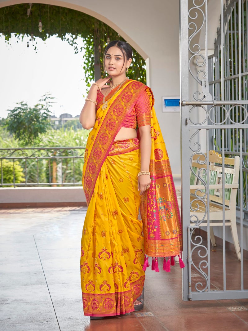 MANOHARI Women's Most Trendy Banarasi Woven Yellow with Pink Saree With Heavy Jacquard Work Saree With Blouse Piece - Image 5