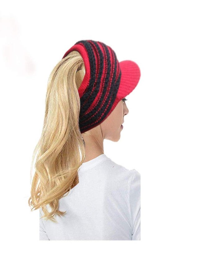 V3E Women's Fashion Knitted Hair Bun Ponytail Visor Brim Beanie Hat -(Red,Freesize) - Image 2