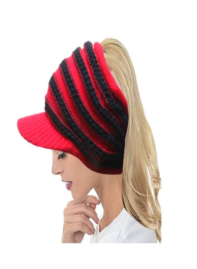 V3E Women's Fashion Knitted Hair Bun Ponytail Visor Brim Beanie Hat -(Red,Freesize) - Image 1