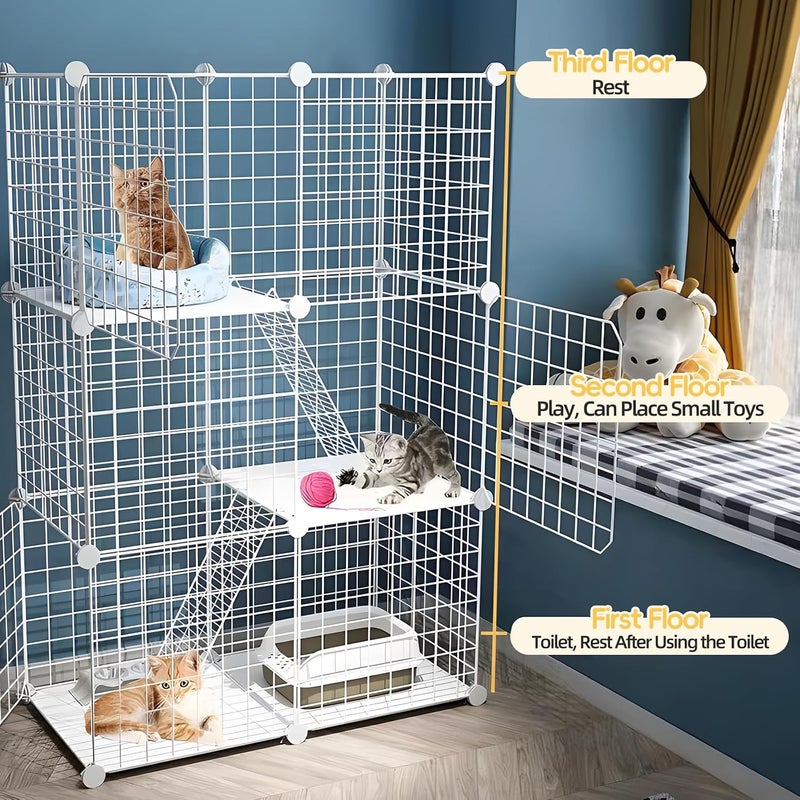 HIKKY قفص قطط كبير من 3 طبقات من HIKKY - حاوية داخلية، ملعب DIY مرن، بيت قفص سلكي معدني قابل للفصل مع بابين، سلمين منحدرين لـ 1-2 قطط، حيوانات صغيرة (أبيض) - Image 4