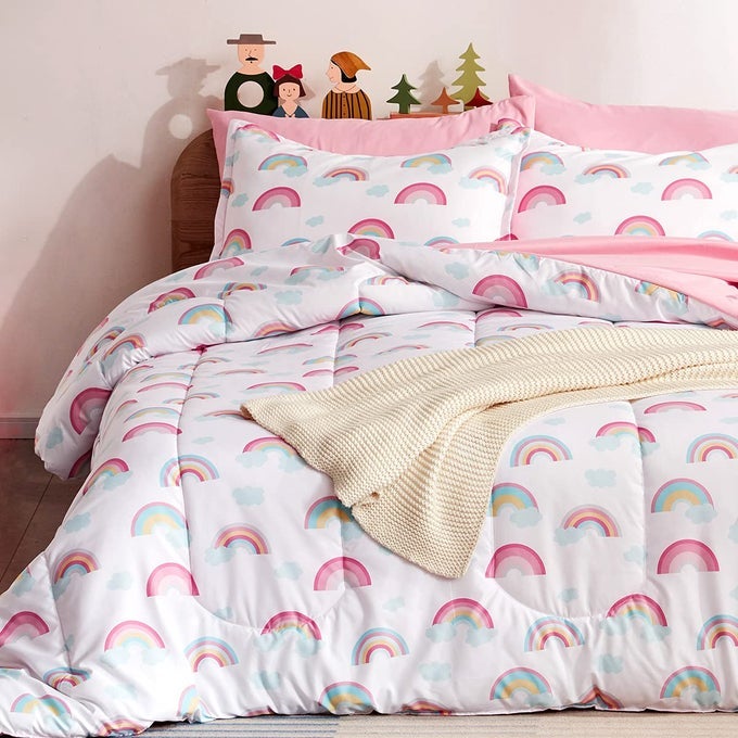 KIDS RAINBOW BEDDING TWIN COMFORTER SET SUPER SOFT CUTE PRINTED 2PIECE COMFORTER SET ALL SEASONS FOR BOYS GIRLS FADE RESISTANT MACHINE WASHABLE RAINBOW