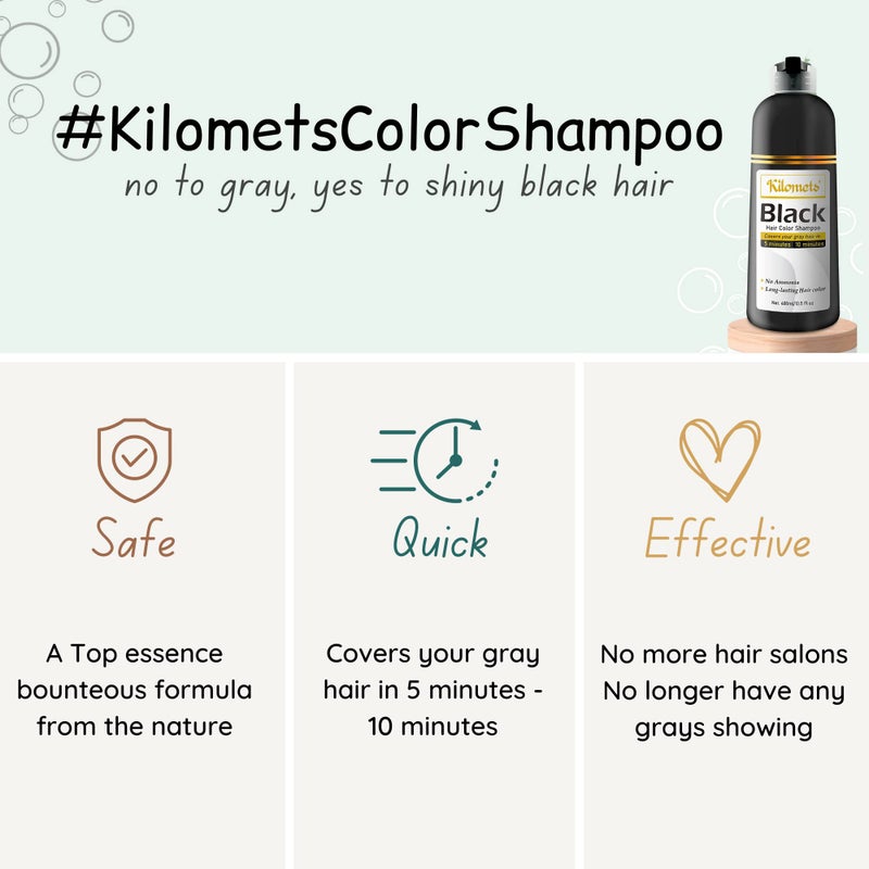 Kilomets BLACK Hair Dye Shampoo 400ml- 100% Grey Coverage in Minutes- Ammonia Free Hair Color Shampoo Cover Gray Silver Hair- Instant Darkening Coloring At Home- Gift for Mom Dad - Image 3