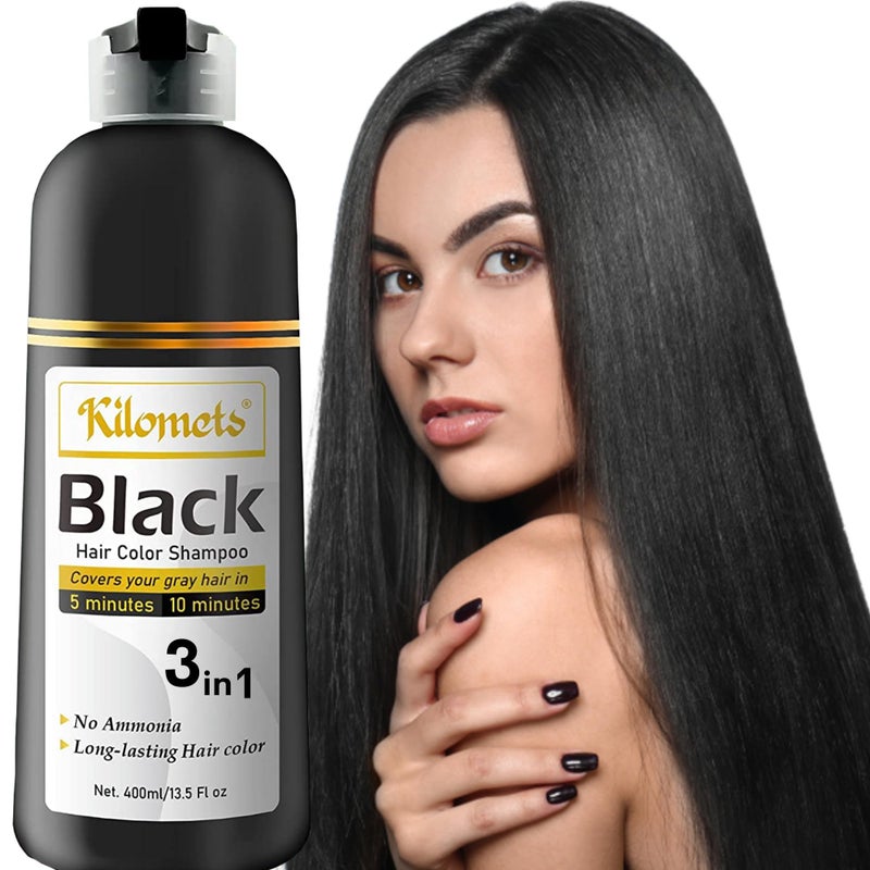 Kilomets BLACK Hair Dye Shampoo 400ml- 100% Grey Coverage in Minutes- Ammonia Free Hair Color Shampoo Cover Gray Silver Hair- Instant Darkening Coloring At Home- Gift for Mom Dad - Image 1