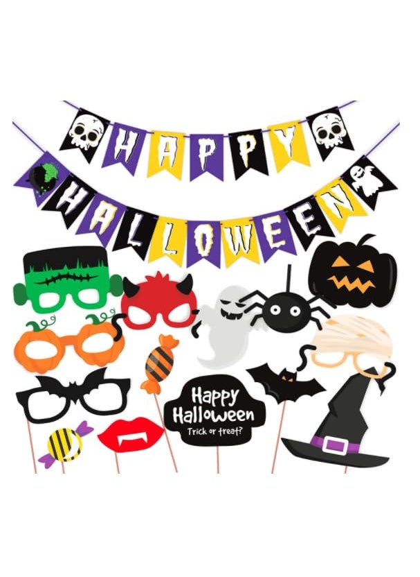 WOBBOX - WOBBOX Halloween Party Prop Photo Booth Props DIY Kit with Bunting Banner for Party Supplies Featuring Boo Pumpkin Ghost Halloween Decorations Photo Booth Props (Combo YV) - Image 1