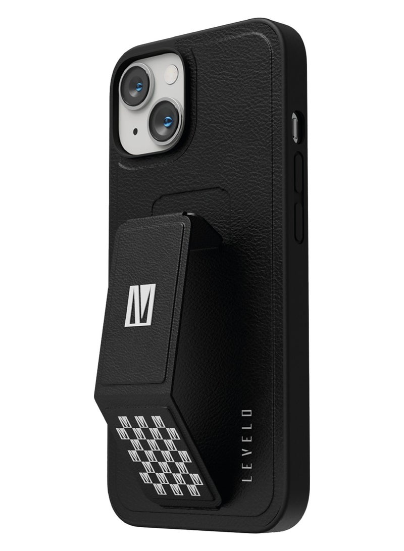 LEVELO iPhone 14 Case 6.1inch Morphix Grip stand PU Leather Back Cover / Easy Snap-On / Drop & Bumper Protection - Black - Image 1