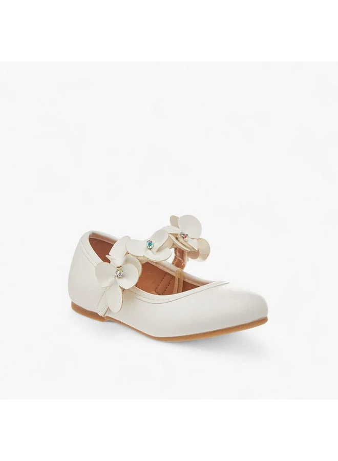 Flora Bella By Shoexpress Girls Floral Applique Ballerina Shoes with Hook and Loop Closure