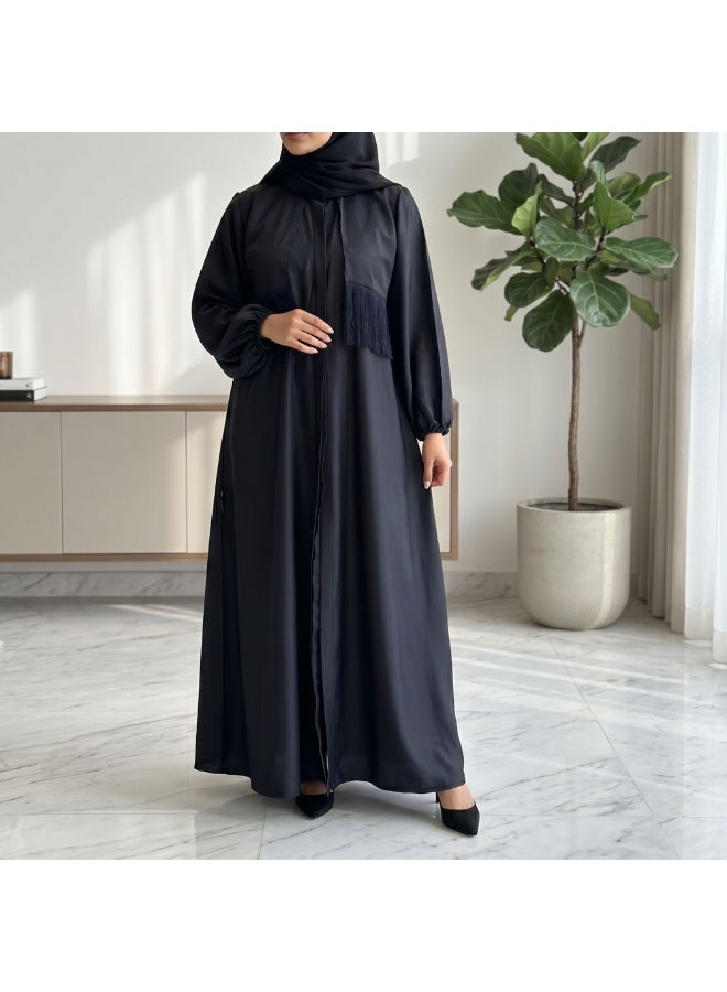 Dakakeen Concept Silk Jigli Fringe Abaya by Designer Alaa from Dakakeeen Al-Khair – Abaya for Women Black Silk Fringe - Saudi Style Luxury Women's Abaya, Modest Open Front Daily & Formal - Image 5