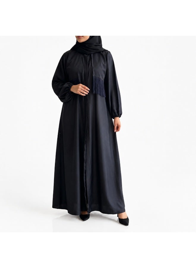 Dakakeen Concept Silk Jigli Fringe Abaya by Designer Alaa from Dakakeeen Al-Khair – Abaya for Women Black Silk Fringe - Saudi Style Luxury Women's Abaya, Modest Open Front Daily & Formal - Image 1