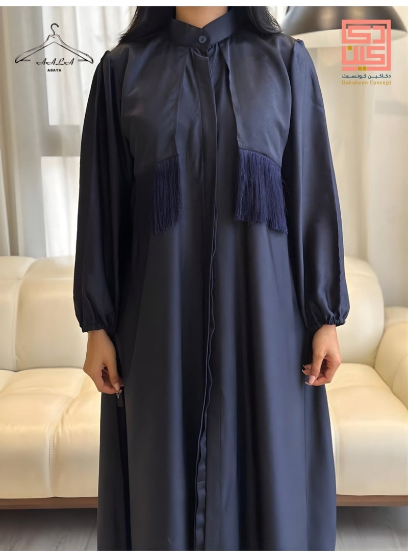 Dakakeen Concept Silk Jigli Fringe Abaya by Designer Alaa from Dakakeeen Al-Khair – Abaya for Women Black Silk Fringe - Saudi Style Luxury Women's Abaya, Modest Open Front Daily & Formal - Image 2