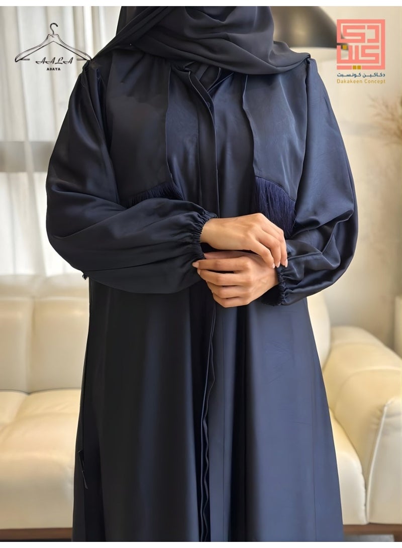 Dakakeen Concept Silk Jigli Fringe Abaya by Designer Alaa from Dakakeeen Al-Khair – Abaya for Women Black Silk Fringe - Saudi Style Luxury Women's Abaya, Modest Open Front Daily & Formal - Image 3
