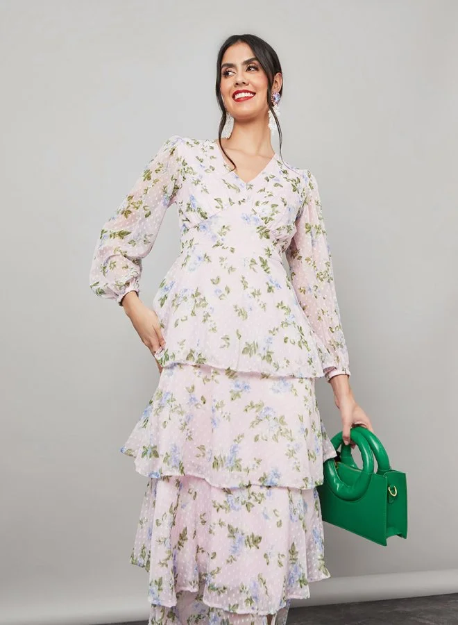 Styli Floral Print Dobby Layered Maxi Dress