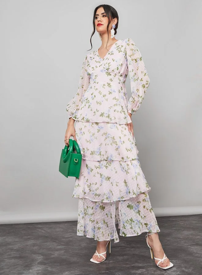 Styli Floral Print Dobby Layered Maxi Dress
