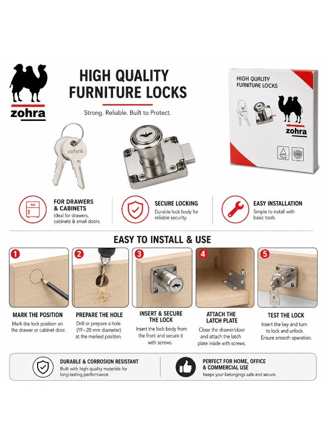 Zohra 32mm Furniture Lock With Keys, High Quality Cabinet Drawer Lock, Cupboard Lock Cylinder For Wooden Furniture, Wardrobe, Desk And Office Table - Image 3