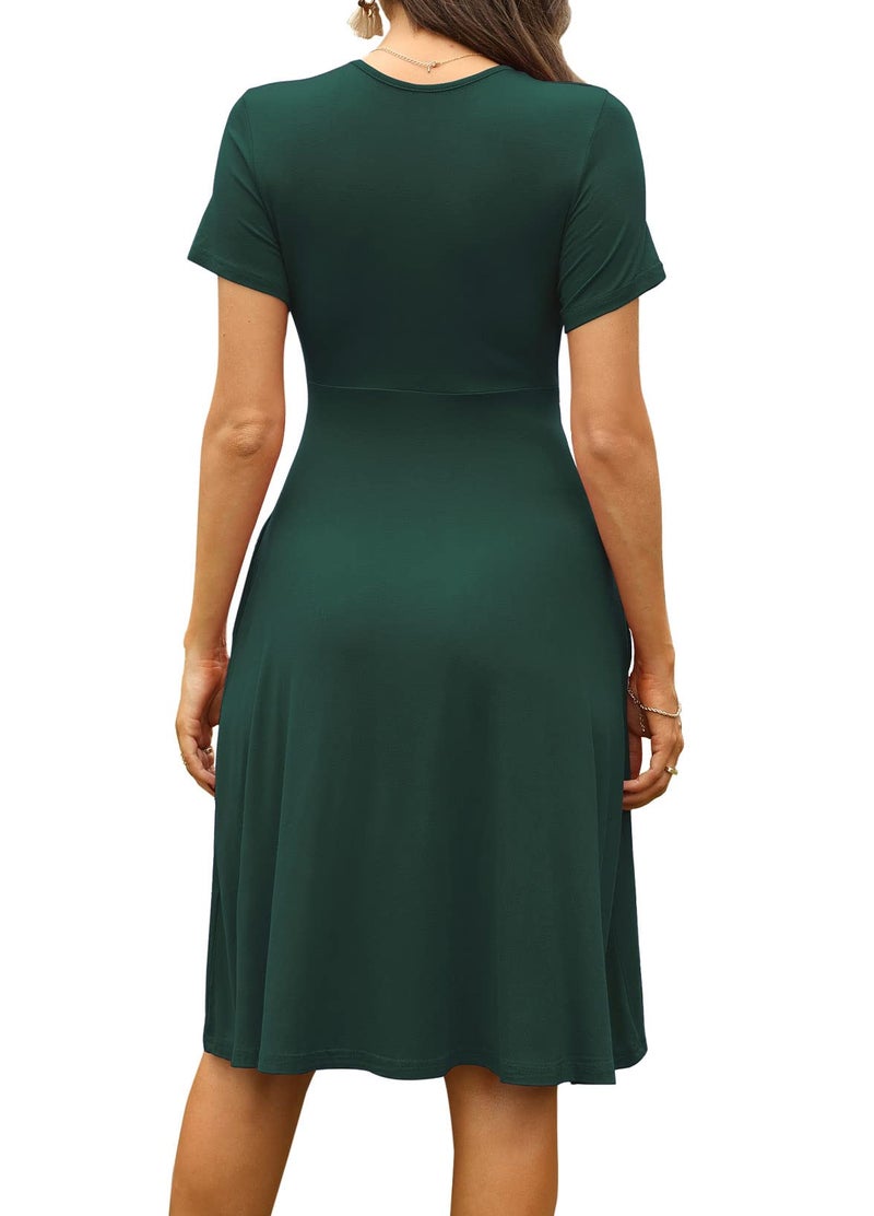 WEACZZY Casual Tshirt Dresses for Women V Neck Business Formal Teacher Dress Empire Waist Flowy A-Line Dresses,Dark Green,L - Image 3