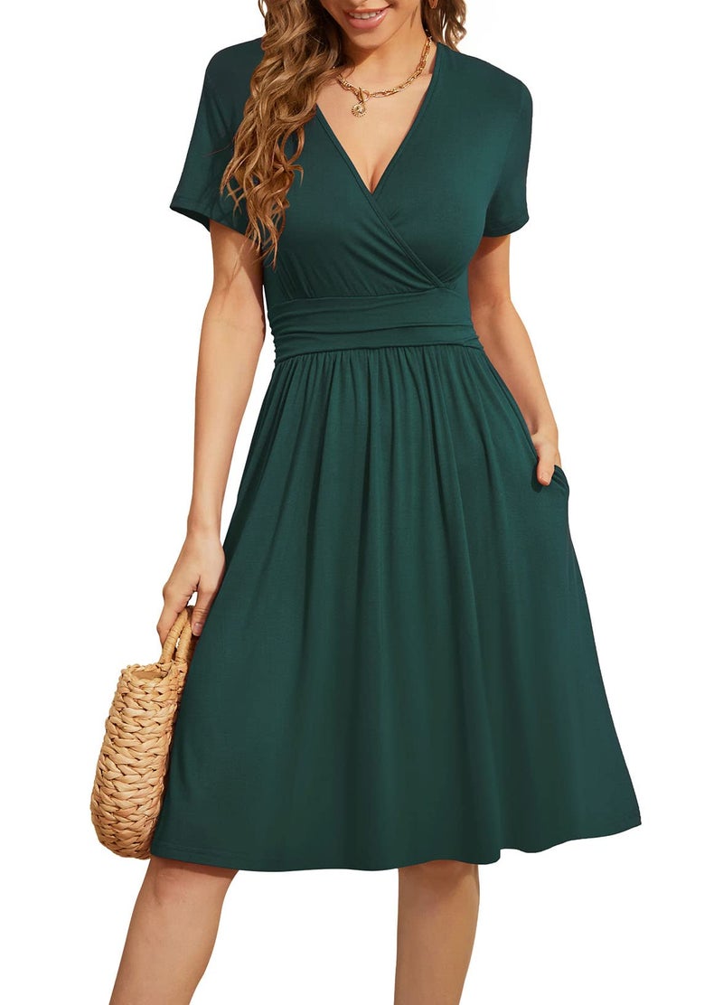 WEACZZY Casual Tshirt Dresses for Women V Neck Business Formal Teacher Dress Empire Waist Flowy A-Line Dresses,Dark Green,L - Image 1